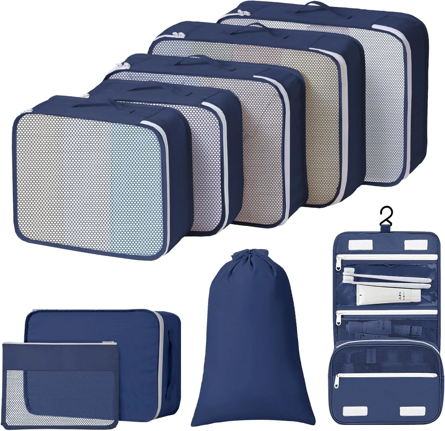 Packing Cubes for Travel - 9 Set Large Travel Cubes Luggage Organizer Bags Set With Laundry Bags/Shoe Bag/Toiletry Bag (Navy Blue)