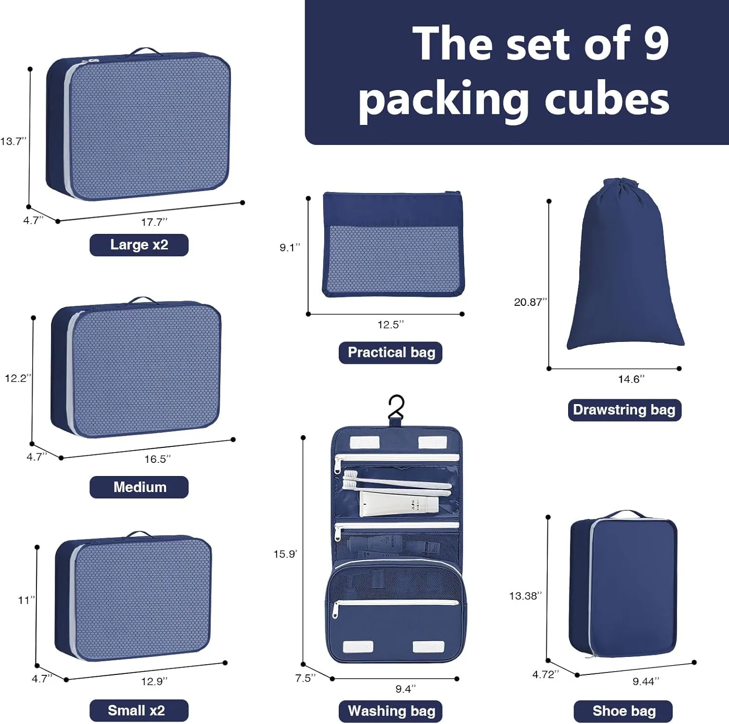 Packing Cubes for Travel - 9 Set Large Travel Cubes Luggage Organizer Bags Set With Laundry Bags/Shoe Bag/Toiletry Bag (Navy Blue)
