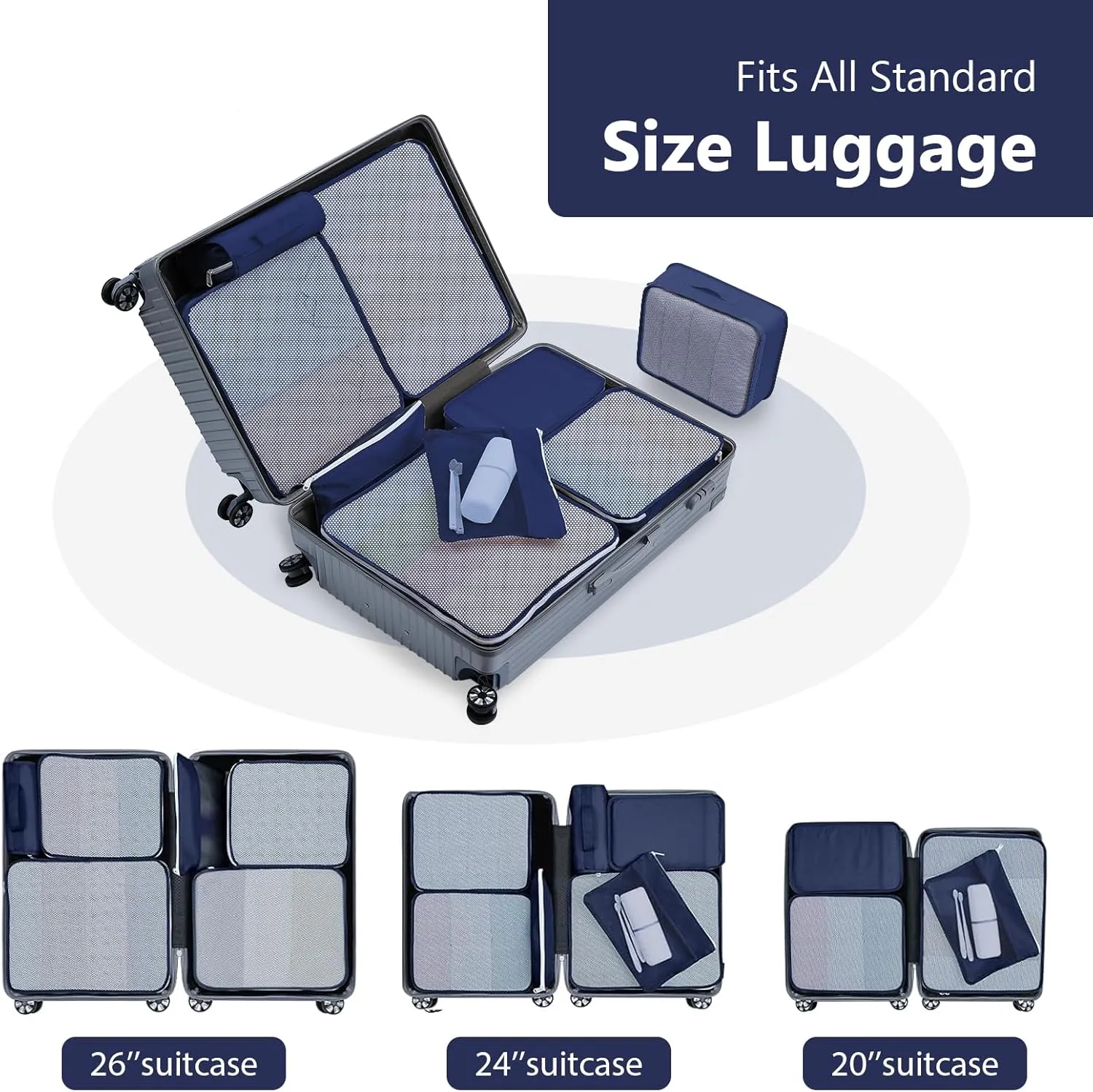 Packing Cubes for Travel - 9 Set Large Travel Cubes Luggage Organizer Bags Set With Laundry Bags/Shoe Bag/Toiletry Bag (Navy Blue)