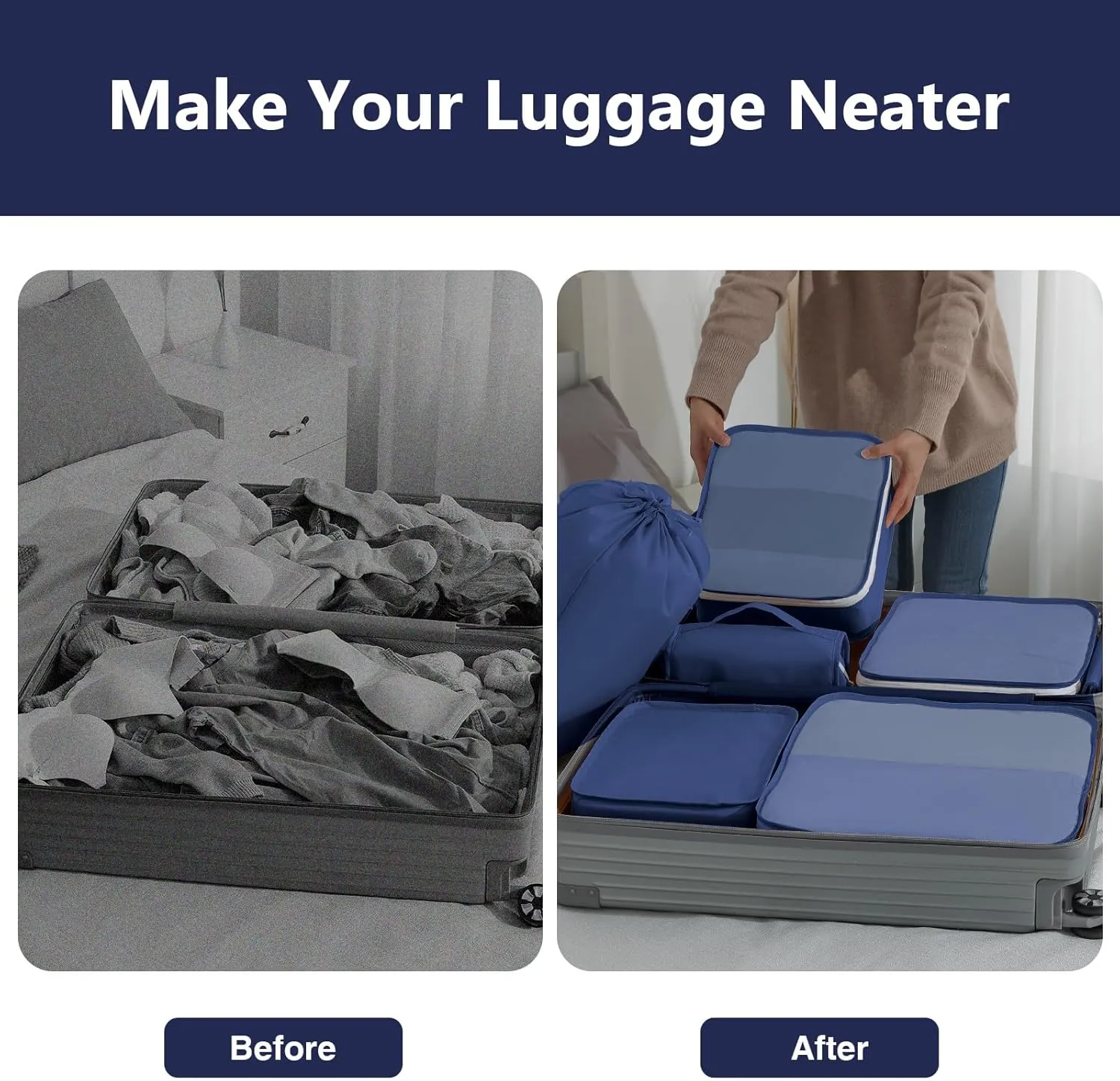 Packing Cubes for Travel - 9 Set Large Travel Cubes Luggage Organizer Bags Set With Laundry Bags/Shoe Bag/Toiletry Bag (Navy Blue)