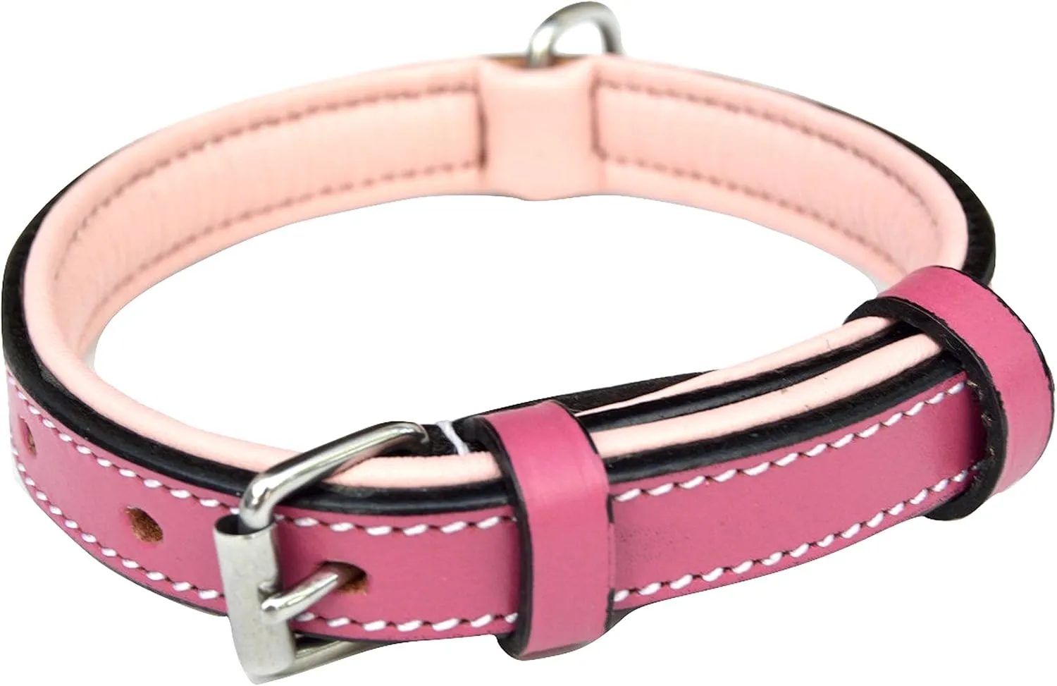 Padded Leather Dog Collar, Size Small, Raspberry Pink with Light Pink Padding, Great for Female Puppies and Dogs, 16" Inches Long x 5/8" Inch Wide, Neck Size Fits 11" to 13.5