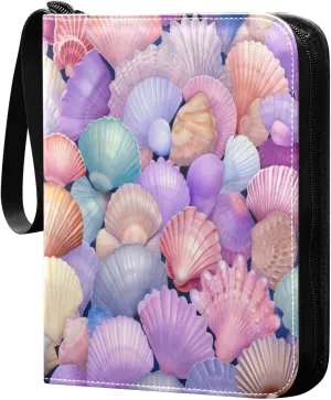Painted Sea Shells Card Binder with 50 Removable Page Sleeves PU Leather Collectible Trading Card Albums Book with Zipper for Games Card,Baseball Cards
