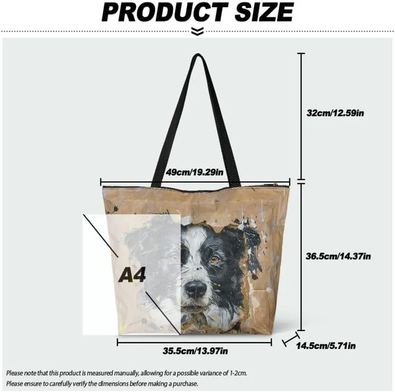 Painting Puppy Paper Tote Bag for Women with Zipper Large Work Handbag, Natural Eco-friendly Reusable Grocery Bag