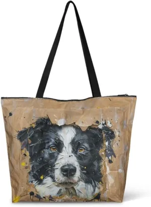 Painting Puppy Paper Tote Bag for Women with Zipper Large Work Handbag, Natural Eco-friendly Reusable Grocery Bag
