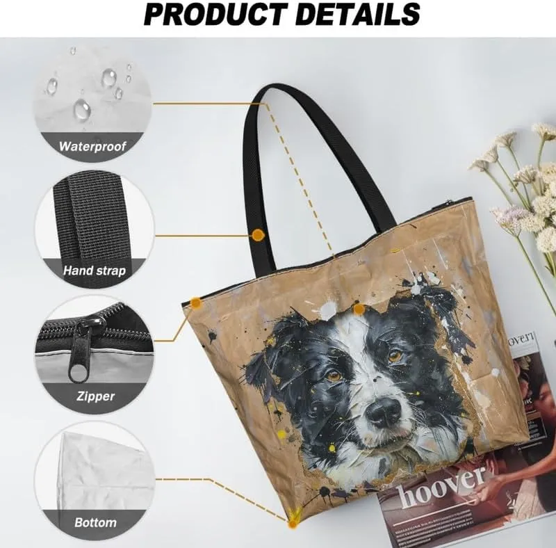 Painting Puppy Paper Tote Bag for Women with Zipper Large Work Handbag, Natural Eco-friendly Reusable Grocery Bag