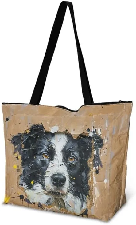 Painting Puppy Paper Tote Bag for Women with Zipper Large Work Handbag, Natural Eco-friendly Reusable Grocery Bag