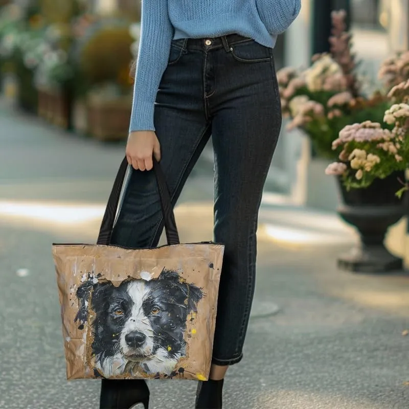 Painting Puppy Paper Tote Bag for Women with Zipper Large Work Handbag, Natural Eco-friendly Reusable Grocery Bag
