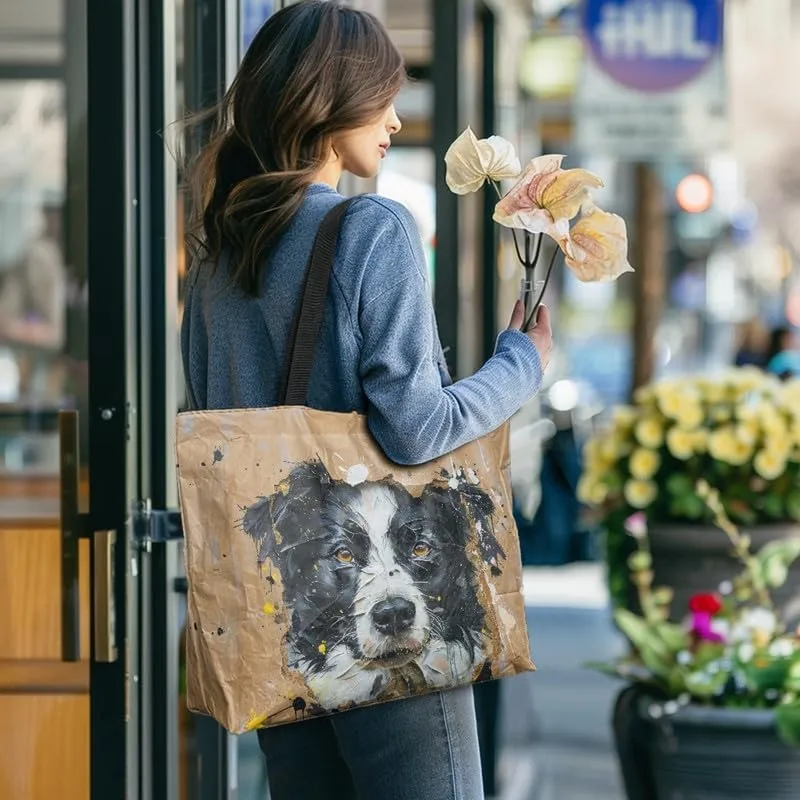 Painting Puppy Paper Tote Bag for Women with Zipper Large Work Handbag, Natural Eco-friendly Reusable Grocery Bag