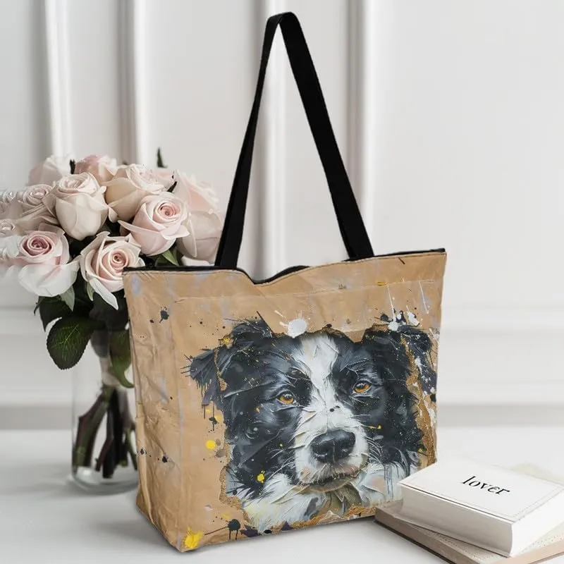 Painting Puppy Paper Tote Bag for Women with Zipper Large Work Handbag, Natural Eco-friendly Reusable Grocery Bag