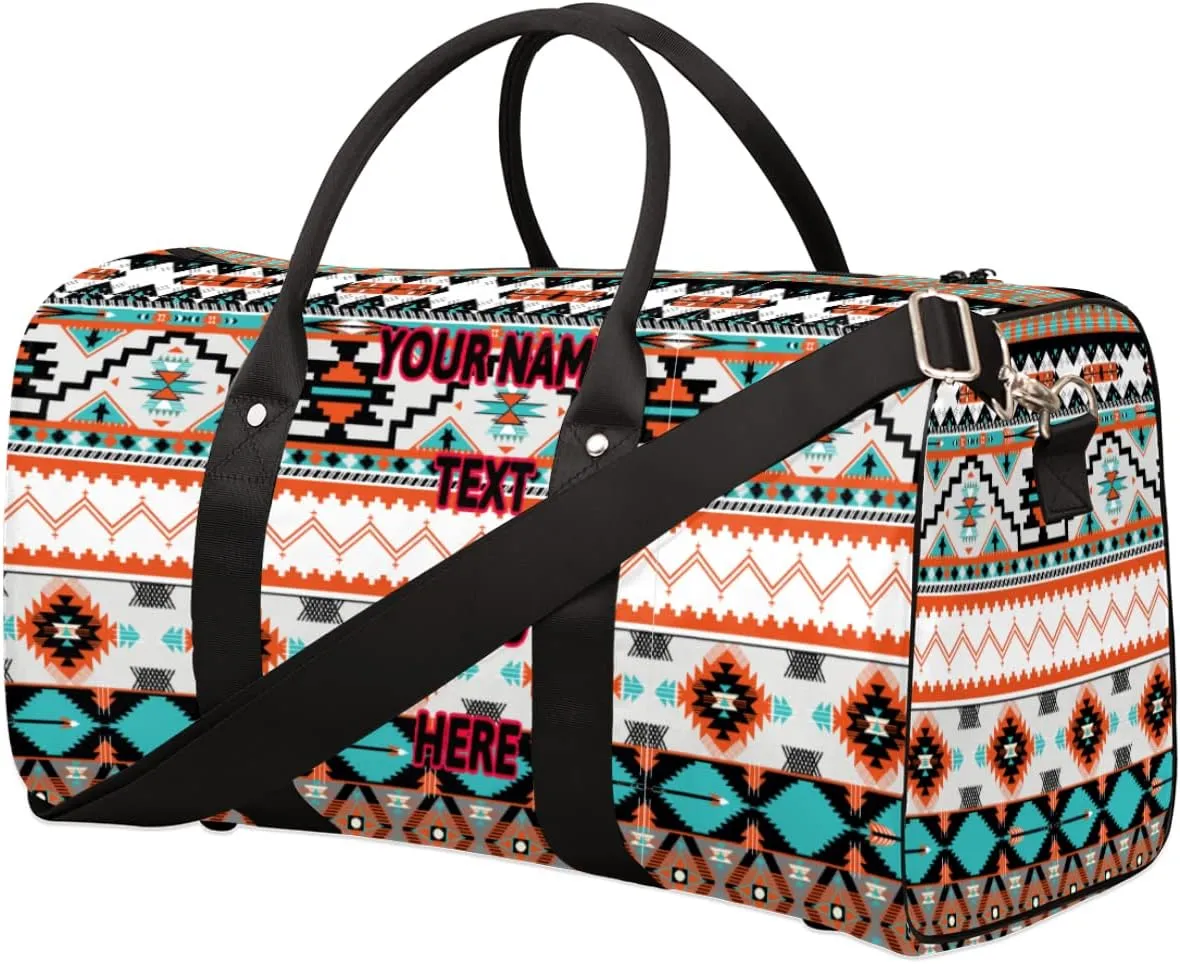 Pardick Custom Travel Duffel Bag with Name Logo Image, Ethni Aztec Geometric Personalized Sports Tote Gym Bag Weekender Bag Carry on Luggage Handle Bag Overnight Shoulder Bag for Women