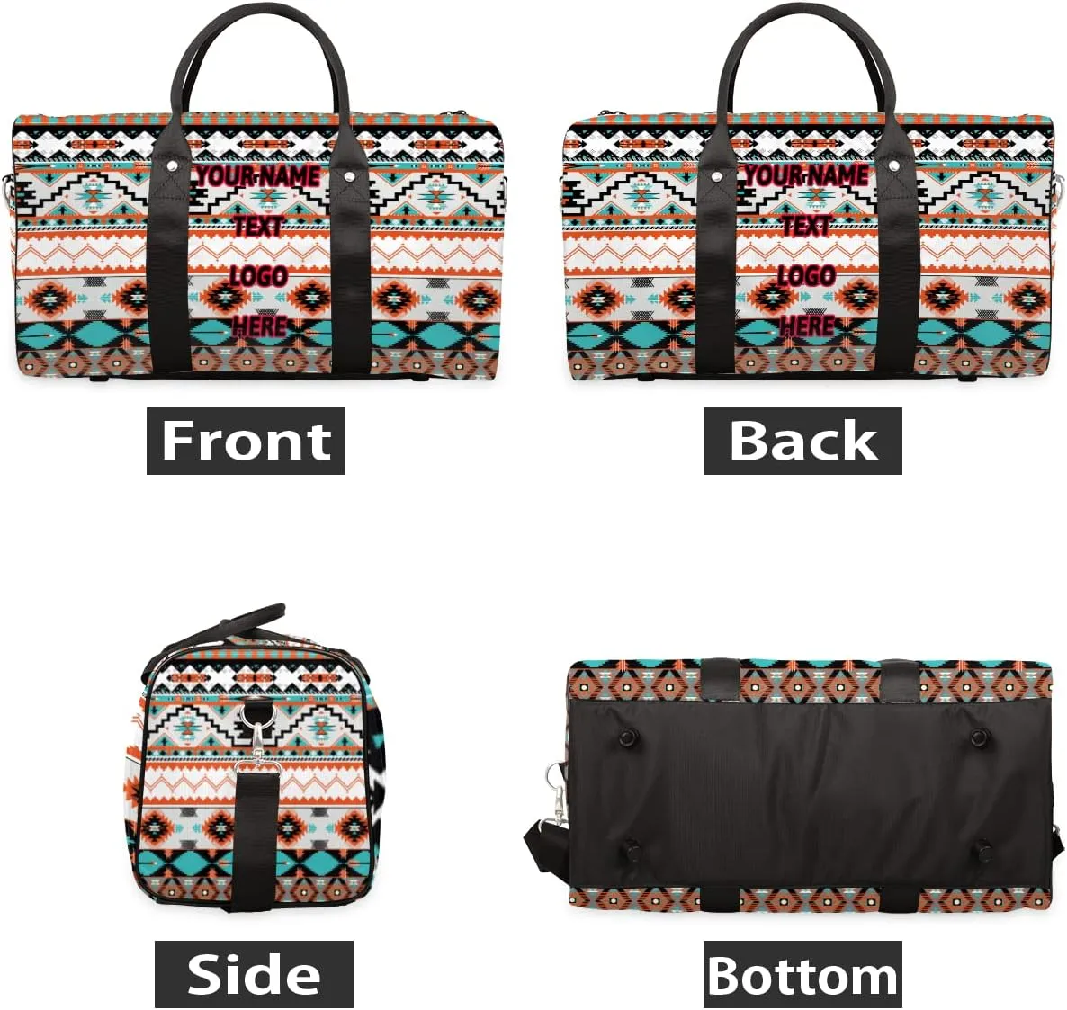 Pardick Custom Travel Duffel Bag with Name Logo Image, Ethni Aztec Geometric Personalized Sports Tote Gym Bag Weekender Bag Carry on Luggage Handle Bag Overnight Shoulder Bag for Women