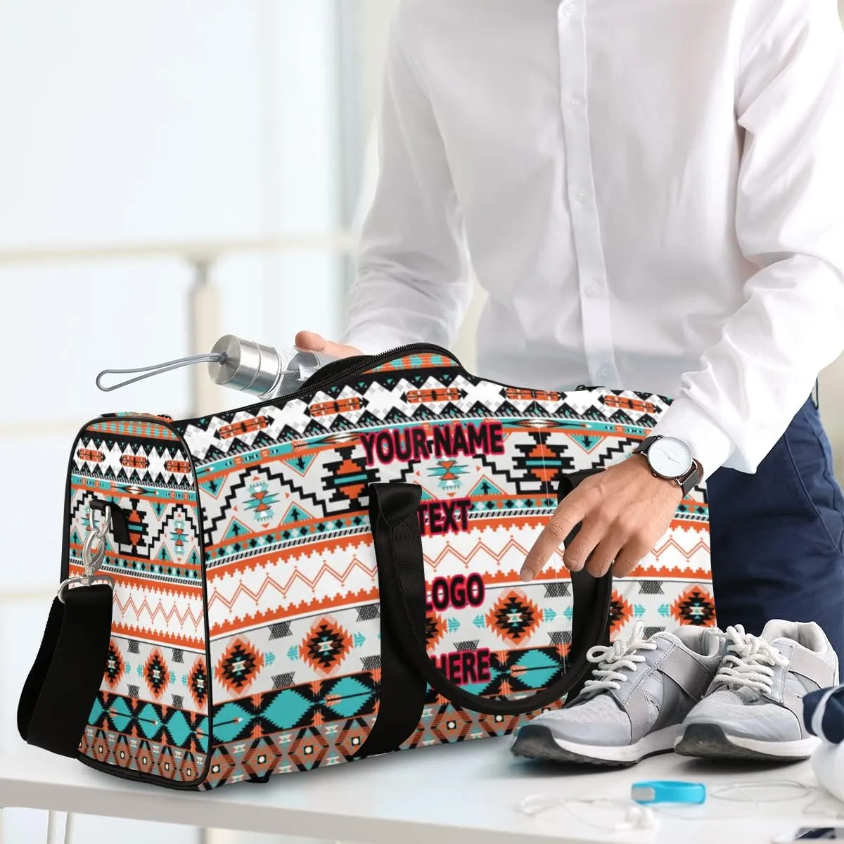 Pardick Custom Travel Duffel Bag with Name Logo Image, Ethni Aztec Geometric Personalized Sports Tote Gym Bag Weekender Bag Carry on Luggage Handle Bag Overnight Shoulder Bag for Women