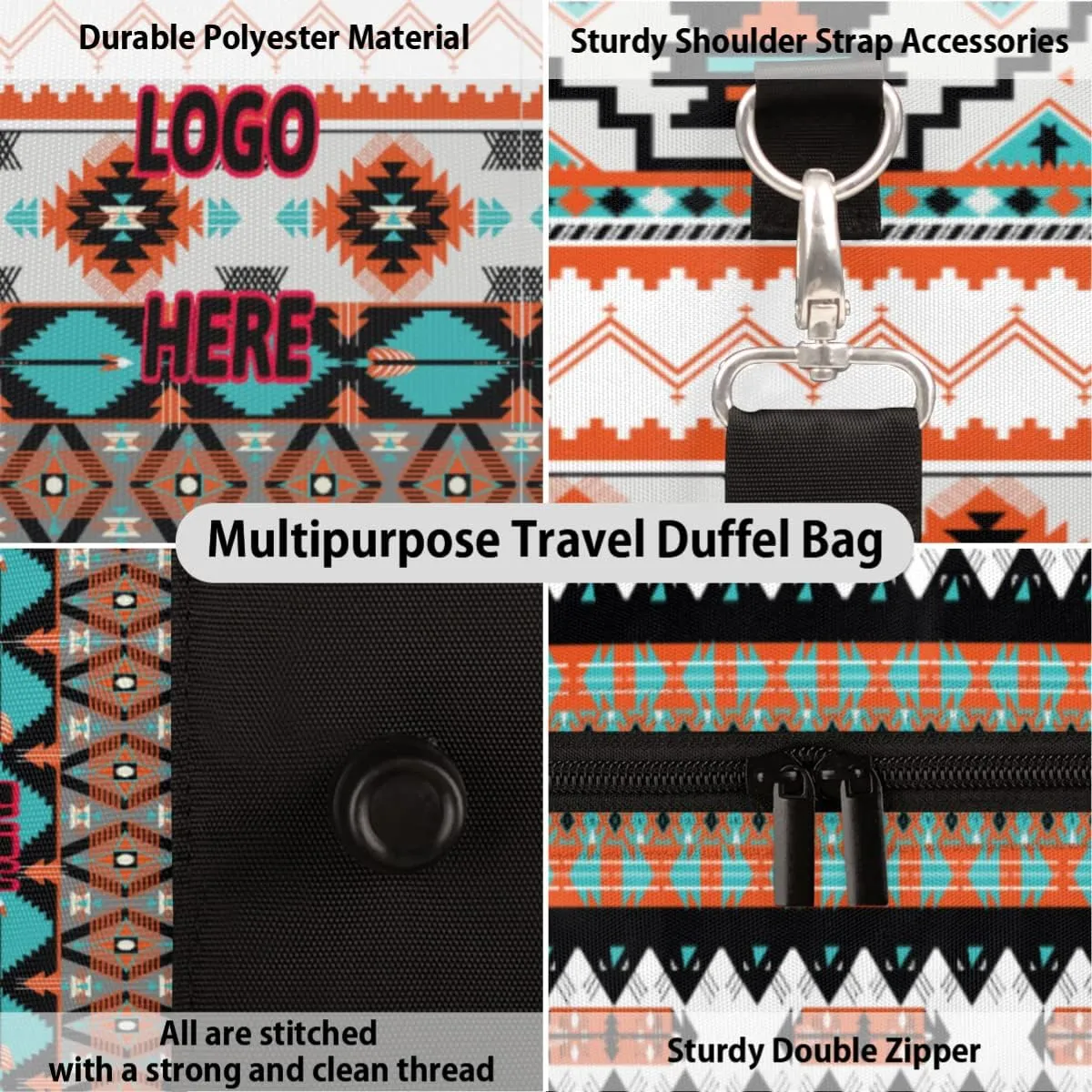 Pardick Custom Travel Duffel Bag with Name Logo Image, Ethni Aztec Geometric Personalized Sports Tote Gym Bag Weekender Bag Carry on Luggage Handle Bag Overnight Shoulder Bag for Women