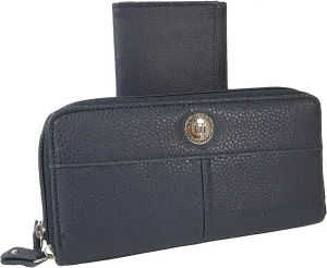 PDTXCLS HOMIEBUDS XGATML New Stone Mountain Logo Wallet & Checkbook Cover Purse Bag Leather 2 Piece Navy Blue Carbon Flap