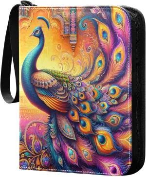 Peacock Hindu Elegance Card Binder 4-Pocket, 400 Pockets PU Waterproof Zippered Collector Card Album with 50 Removable Sleeves for Trading, Game Cards