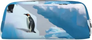Penguins On The Iceberg Makeup Bag Travel Toiletry Bag Big Pencil Bag for Women Men Leather Zipper Coin Pouch Purse