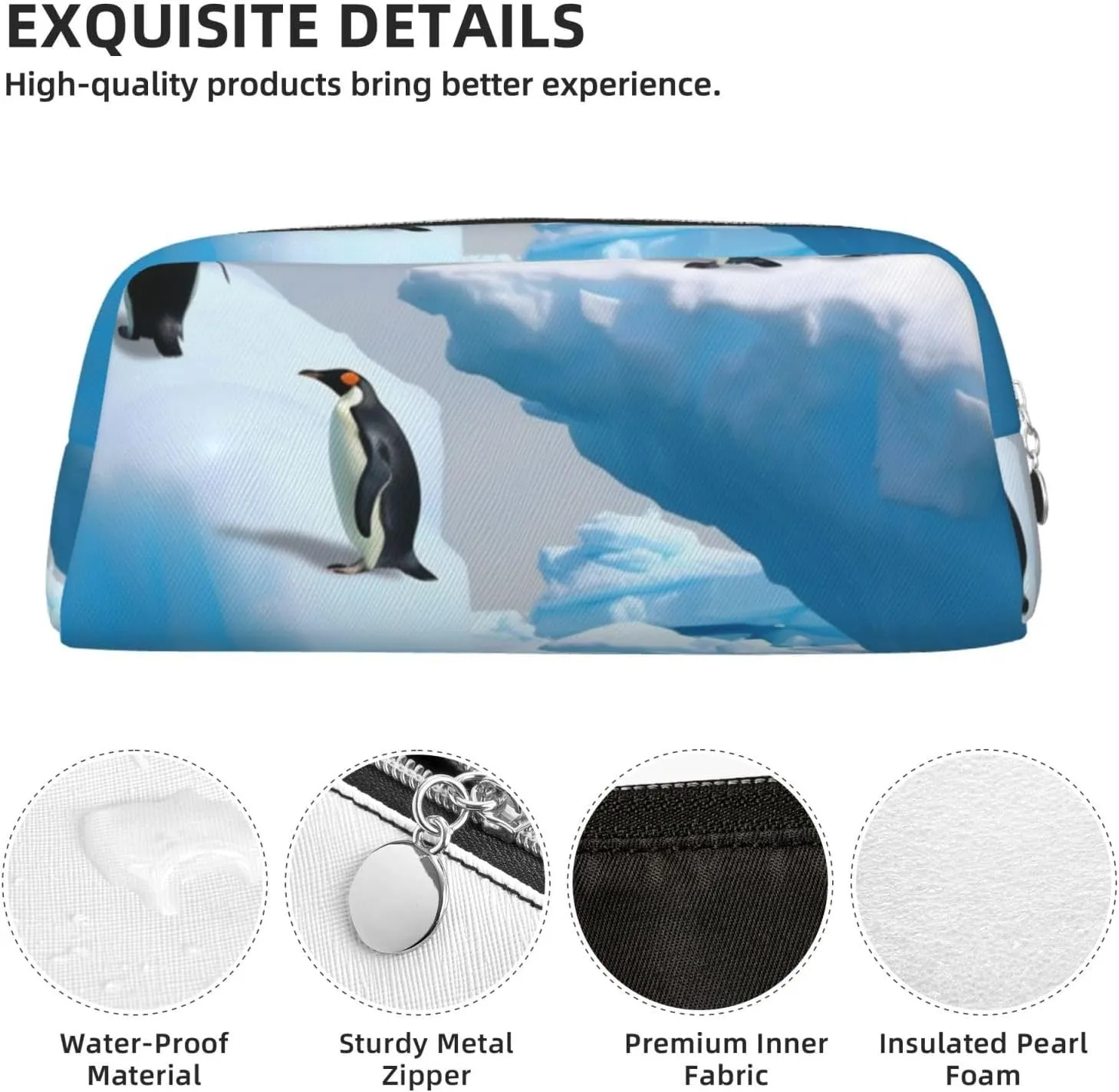 Penguins On The Iceberg Makeup Bag Travel Toiletry Bag Big Pencil Bag for Women Men Leather Zipper Coin Pouch Purse
