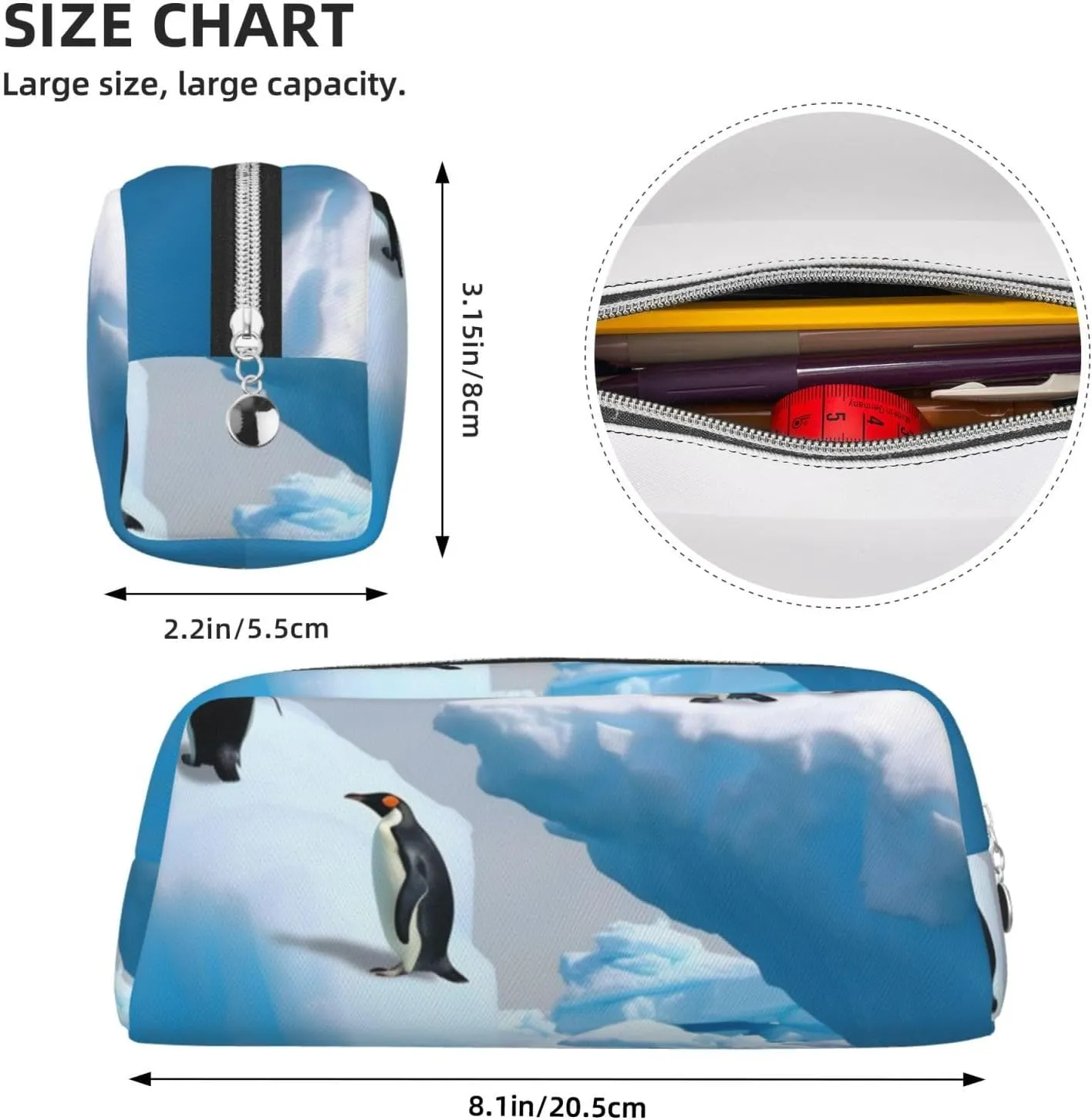Penguins On The Iceberg Makeup Bag Travel Toiletry Bag Big Pencil Bag for Women Men Leather Zipper Coin Pouch Purse