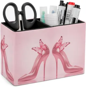 Pens Holder, Pencils Holder for Desk Organizer, Pink High Heels Shoes Butterfly PU Leather Pencil Cups Desktop Stationery Storage Makeup Brush Holder Pens Organizer for Office Home