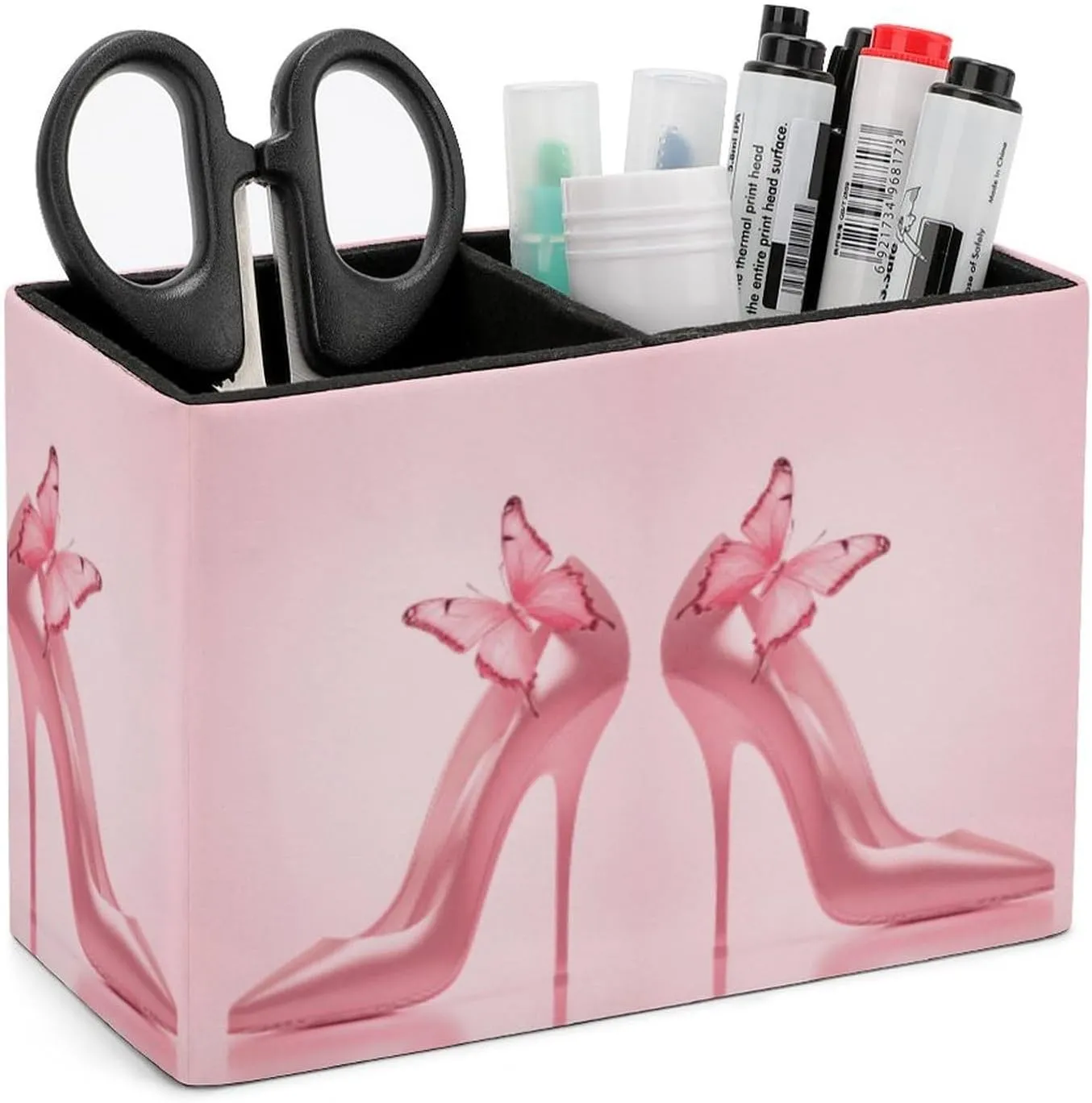 Pens Holder, Pencils Holder for Desk Organizer, Pink High Heels Shoes Butterfly PU Leather Pencil Cups Desktop Stationery Storage Makeup Brush Holder Pens Organizer for Office Home