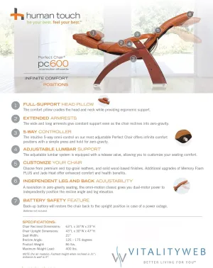 Perfect Chair Human Touch PC-600 Omni-Motion Silhouette Power Dark Walnut Zero-Gravity Recliner   Memory Foam Plus Kit - Espresso Premium Leather