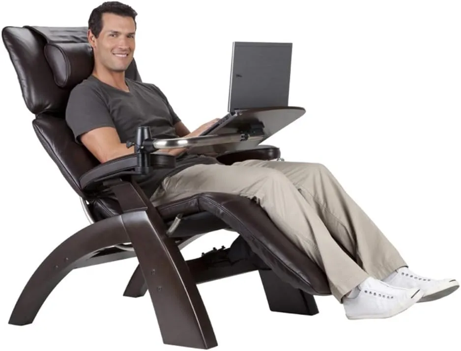 Perfect Chair Human Touch PC-610 Omni-Motion Power Dark Walnut Zero-Gravity Recliner   Laptop Personal Computer Desk Table - Sycamore Premium Leather