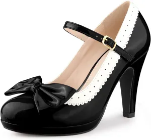 Perphy Bow Platform Stiletto Heels Mary Janes Shoes for Women Retro 1950s Shoes