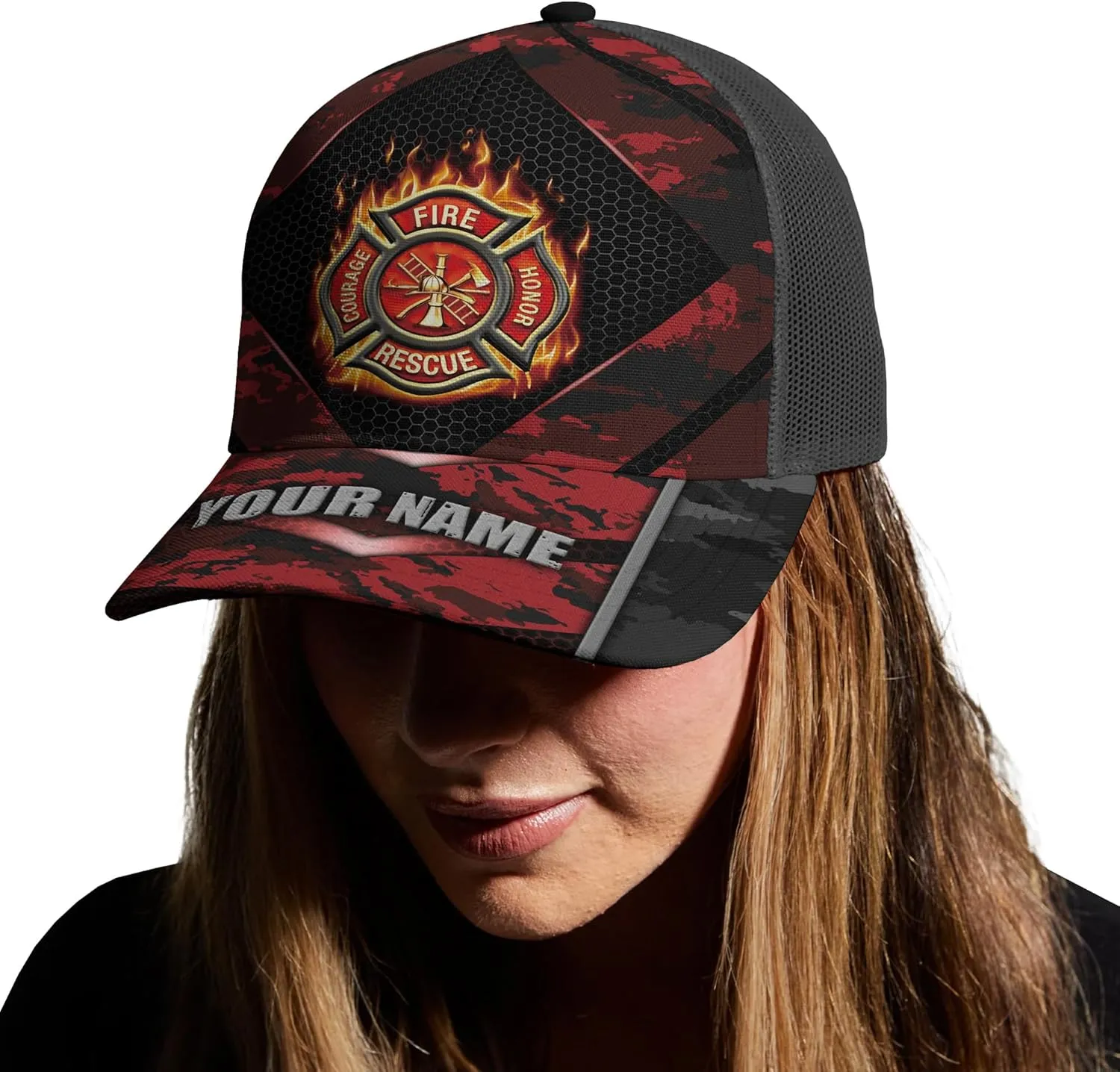 Personalise Firefighter Badge and Flame Pattern Truckers Hats with Mesh Back Summer Firefighter Meshback Cap Gift for Men