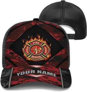 Personalise Firefighter Badge and Flame Pattern Truckers Hats with Mesh Back Summer Firefighter Meshback Cap Gift for Men