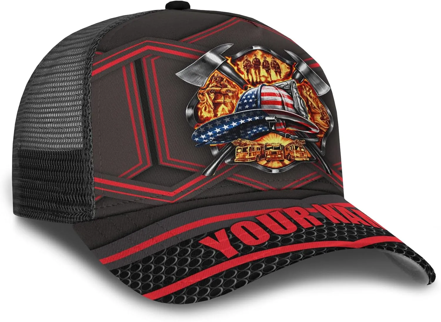 Personalise Firefighter Badge and Flame Pattern Truckers Hats with Mesh Back Summer Firefighter Meshback Cap Gift for Men