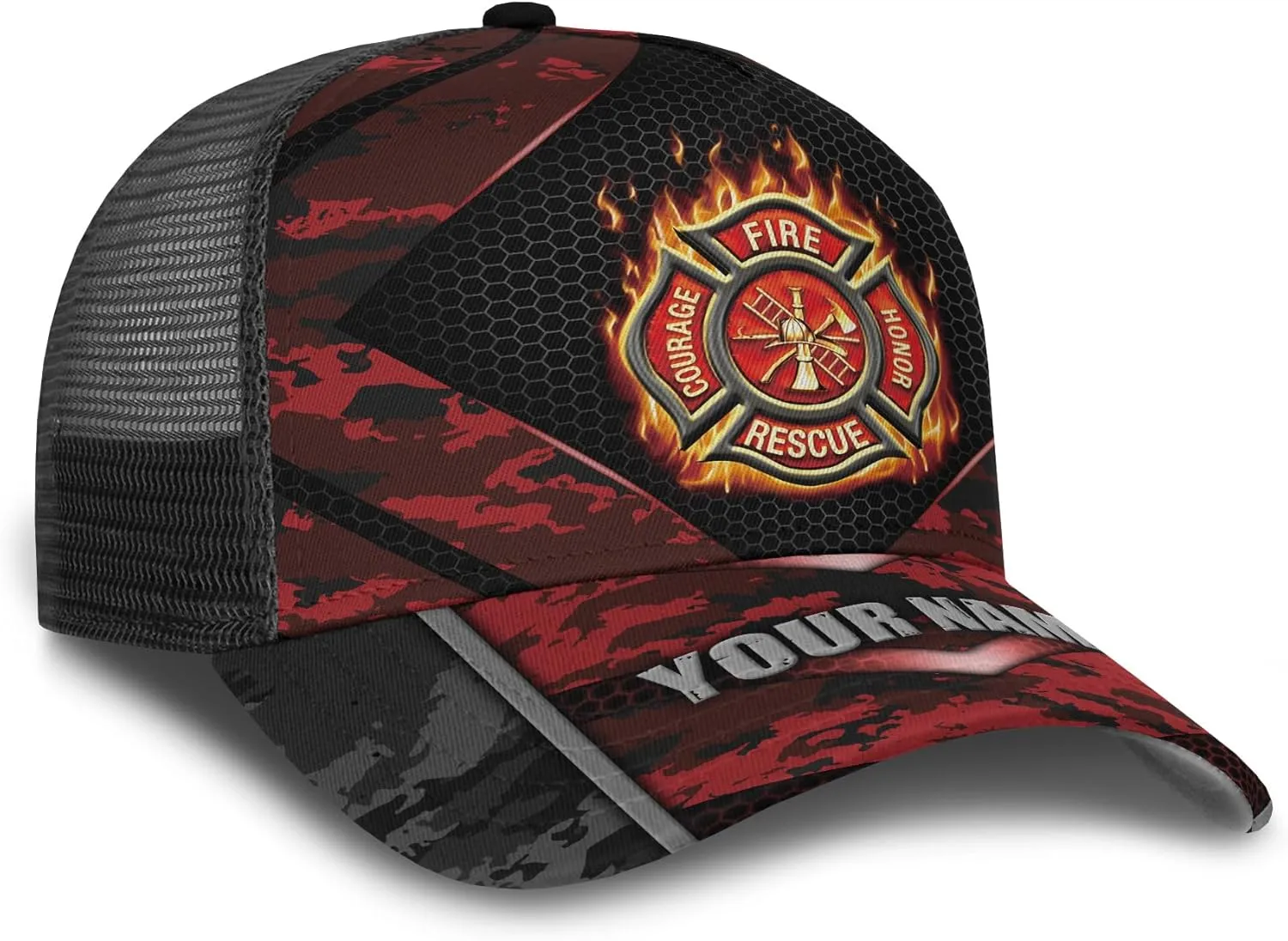 Personalise Firefighter Badge and Flame Pattern Truckers Hats with Mesh Back Summer Firefighter Meshback Cap Gift for Men