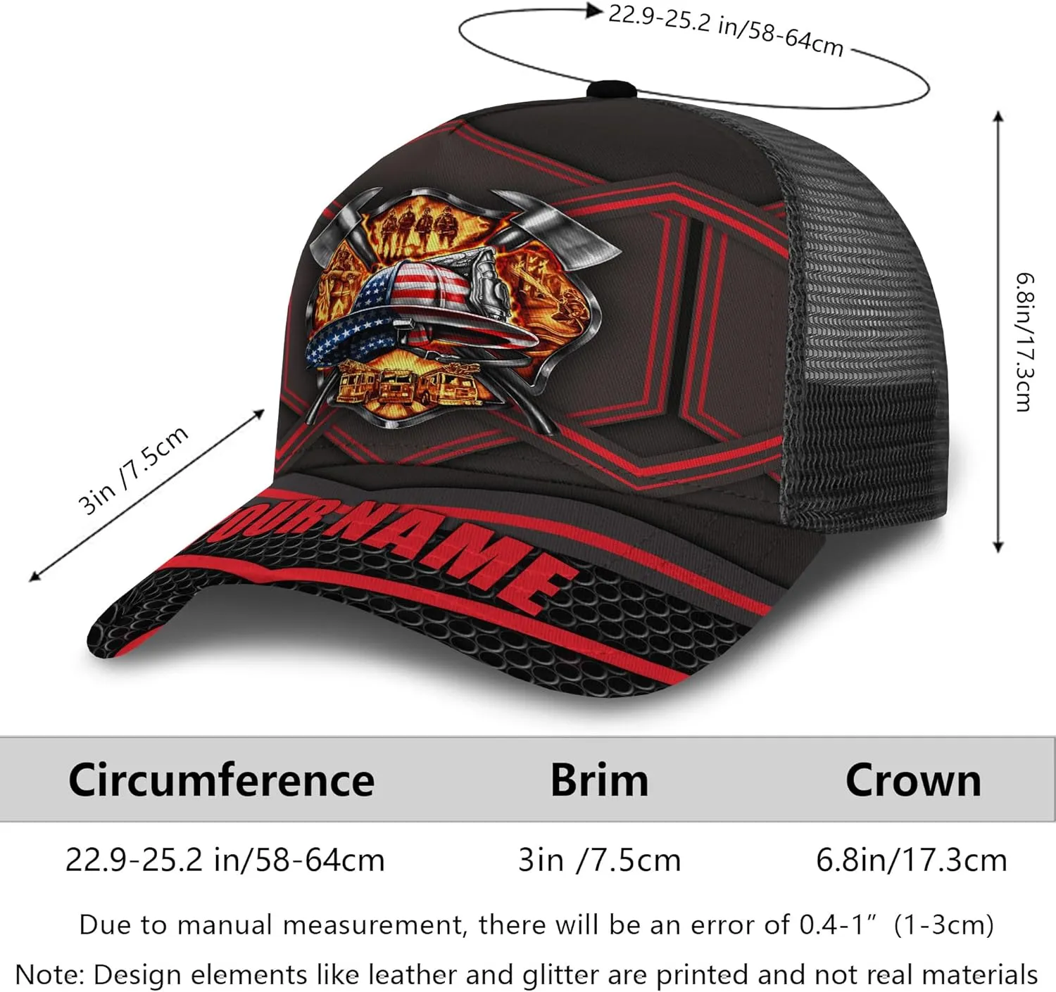 Personalise Firefighter Badge and Flame Pattern Truckers Hats with Mesh Back Summer Firefighter Meshback Cap Gift for Men
