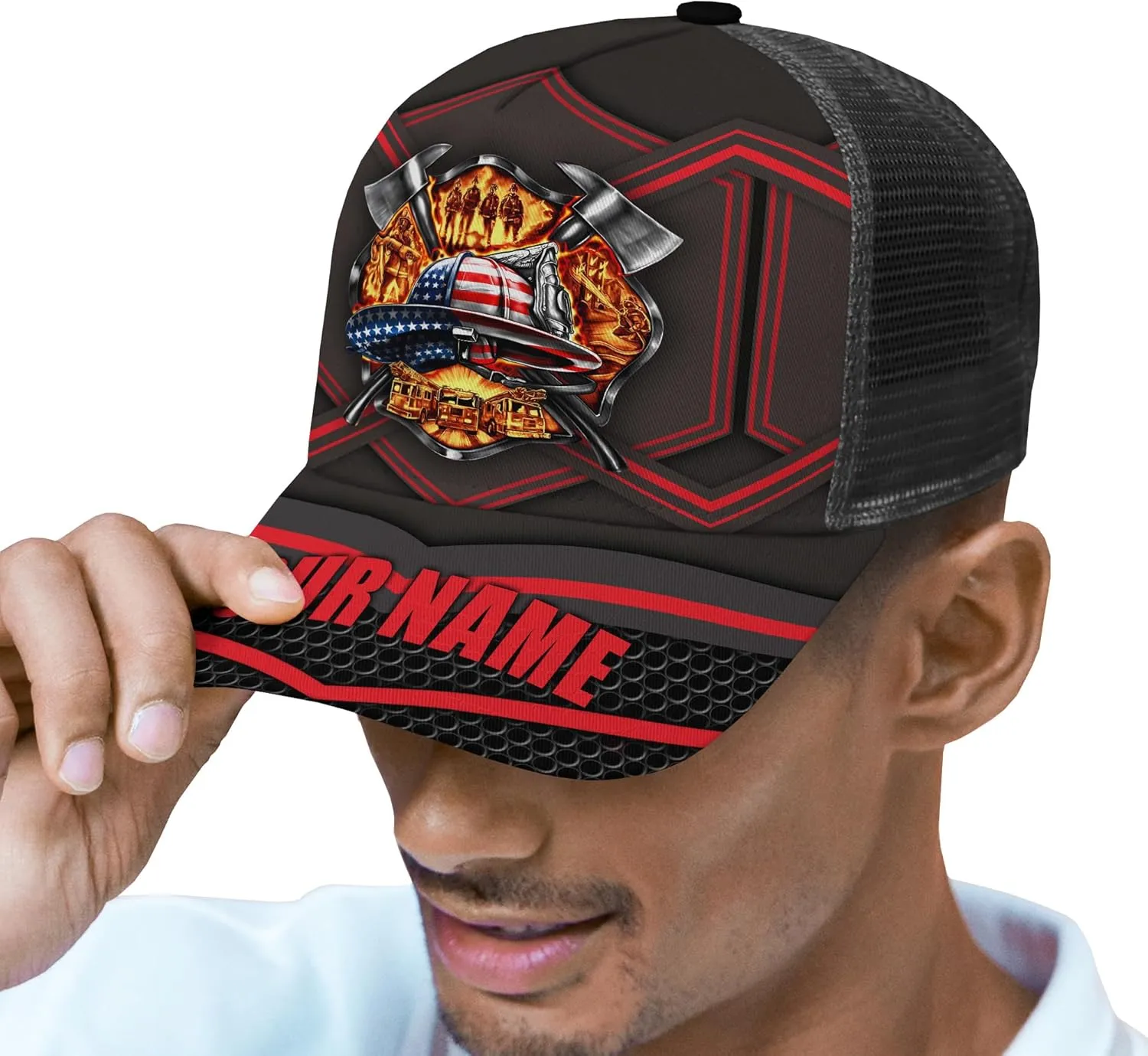 Personalise Firefighter Badge and Flame Pattern Truckers Hats with Mesh Back Summer Firefighter Meshback Cap Gift for Men