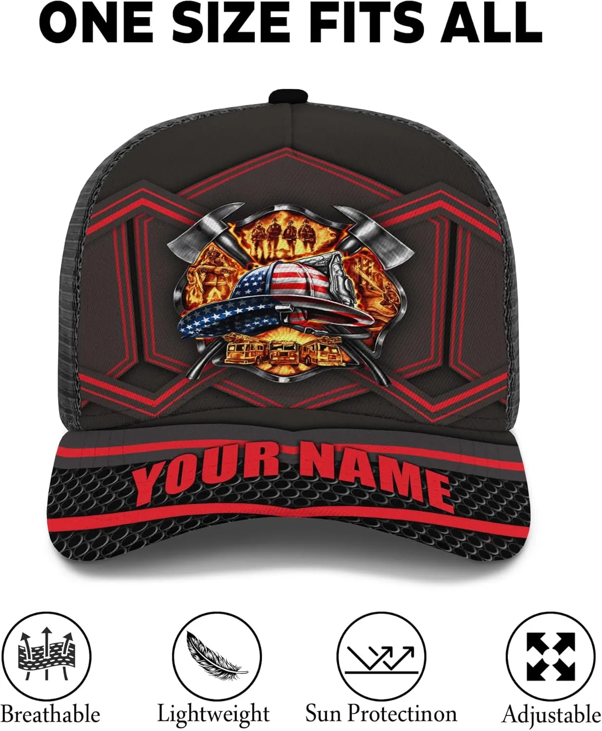 Personalise Firefighter Badge and Flame Pattern Truckers Hats with Mesh Back Summer Firefighter Meshback Cap Gift for Men