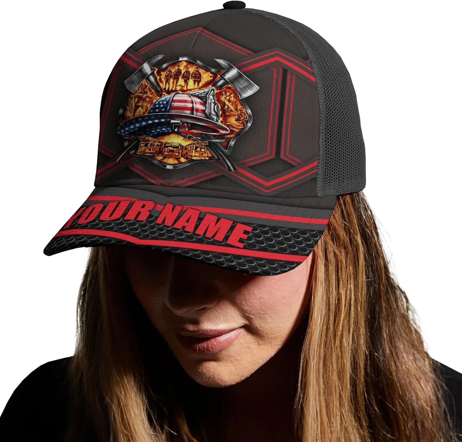 Personalise Firefighter Badge and Flame Pattern Truckers Hats with Mesh Back Summer Firefighter Meshback Cap Gift for Men