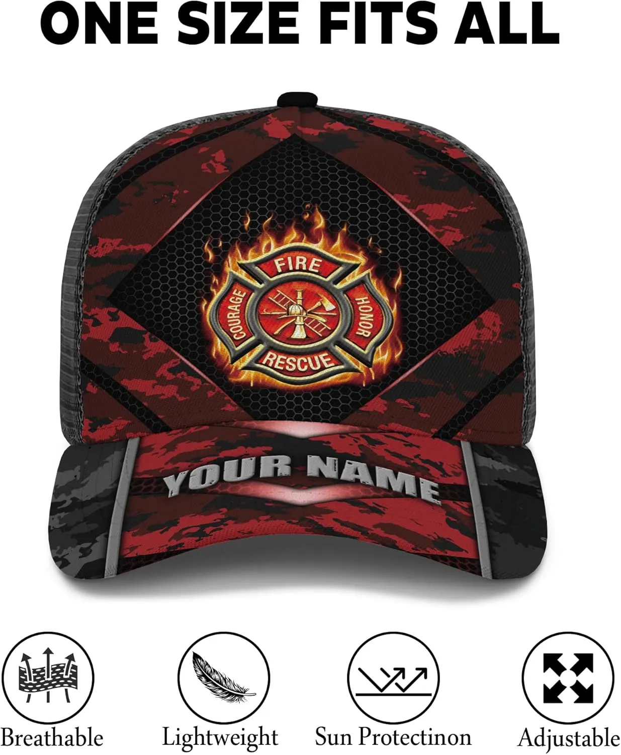 Personalise Firefighter Badge and Flame Pattern Truckers Hats with Mesh Back Summer Firefighter Meshback Cap Gift for Men