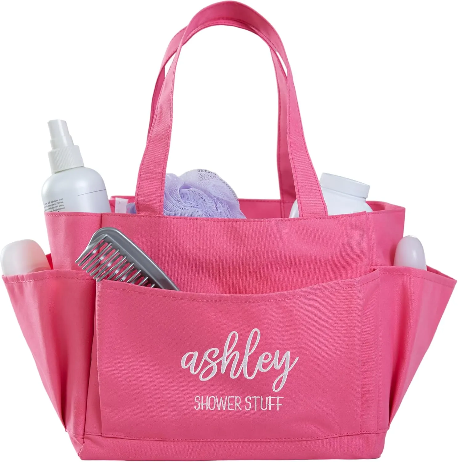 Personalization Universe Scripty Name Embroidered Pink Shower Caddy - Best College Dorm Essential, Water-Resistant with Drainage Grommets and Pockets, Customizable