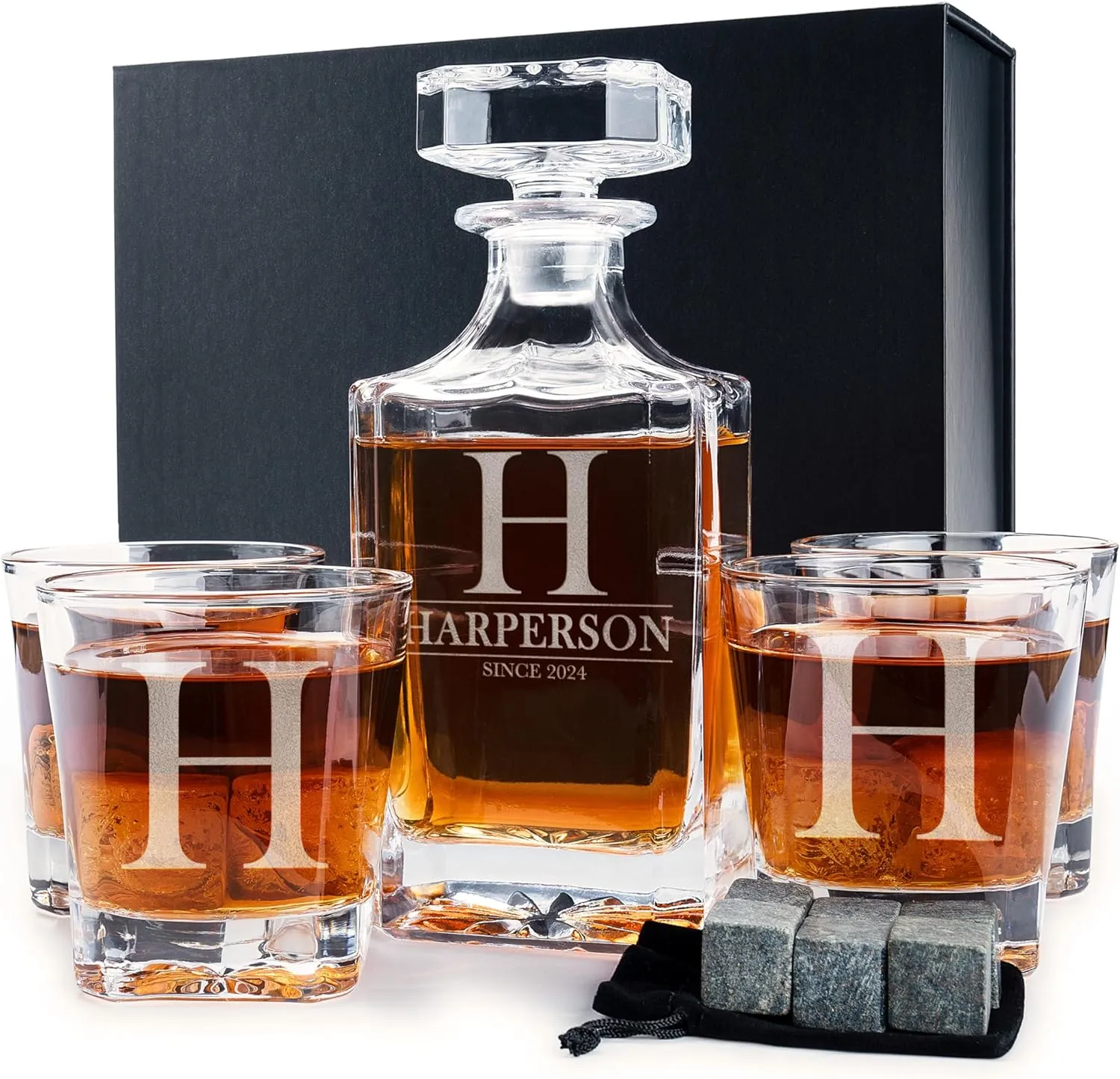 Personalized 5 pc Whiskey Decanter Set - 9 Design Options - Limited Edition, Custom Liquor Decanter | 25 Oz, 750ml Liquor Decanter w/ 4pcs Whiskey Glass Set #1
