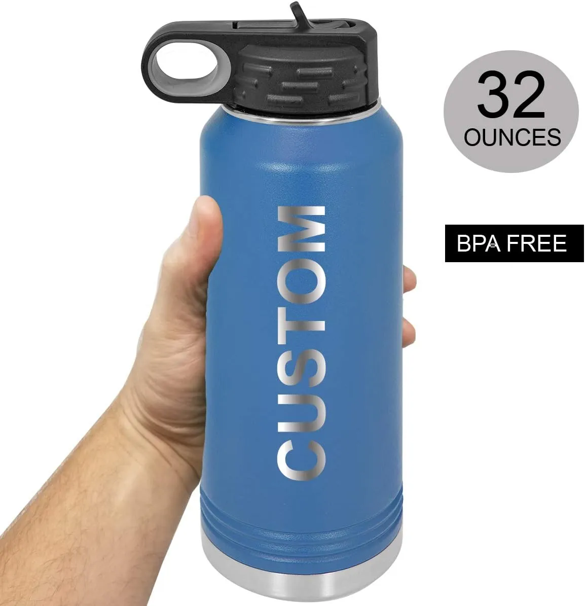Personalized Add Your Name 32-Ounce Double Wall Insulated Stainless Steel Custom Sports Water Bottle with Flip Top Lid, Straw - Customizable