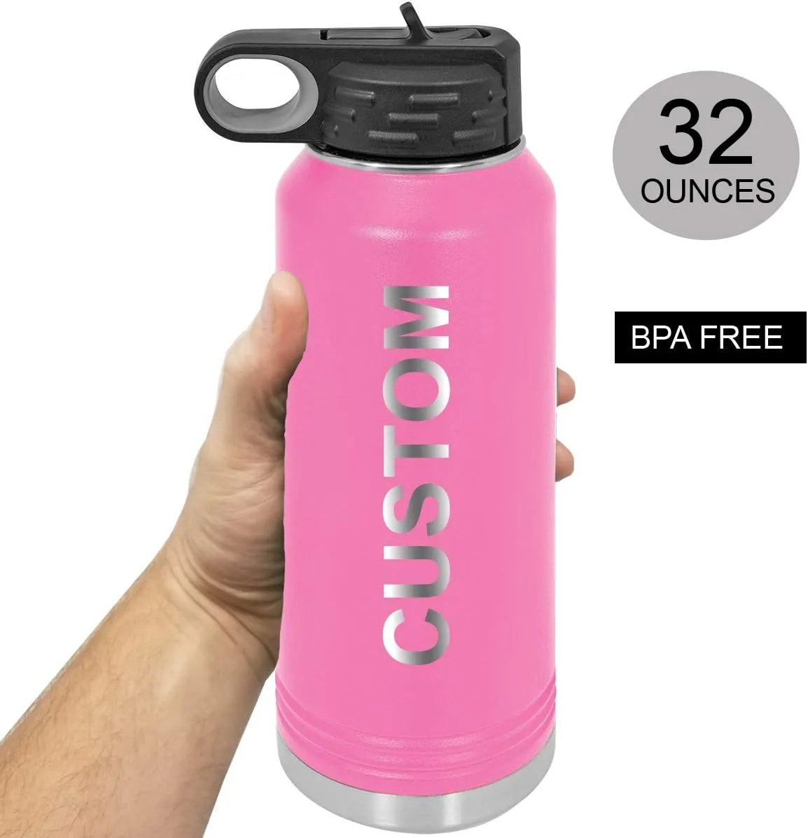 Personalized Add Your Name 32-Ounce Double Wall Insulated Stainless Steel Custom Sports Water Bottle with Flip Top Lid, Straw - Customizable
