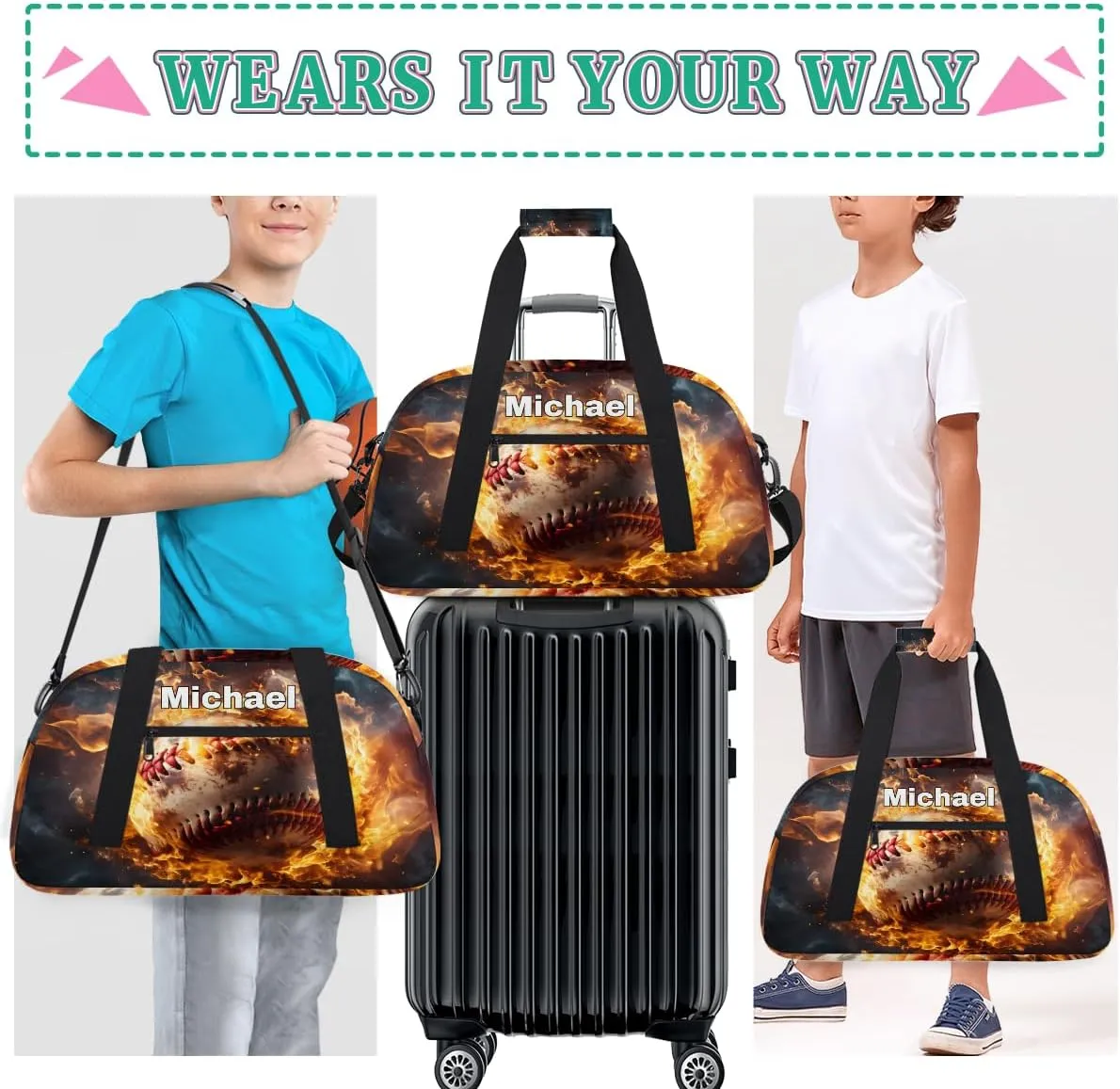 Personalized Baseball Bag Sports Duffel Bag, Custom Name Sport Fitness Duffle Gym Bag Travel Weekender Lightweight Swimming Training Bags, Baseball with Fire