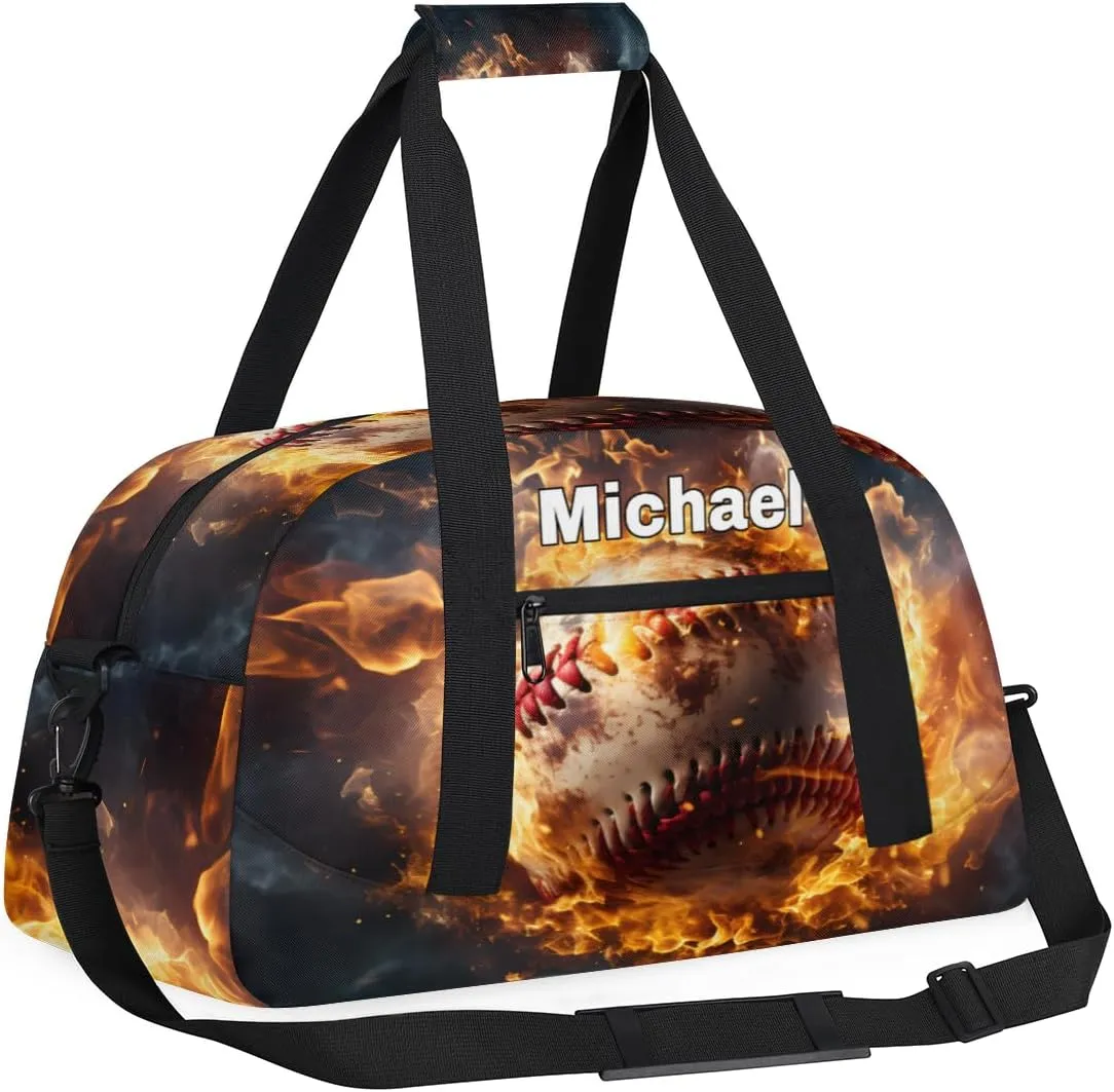 Personalized Baseball Bag Sports Duffel Bag, Custom Name Sport Fitness Duffle Gym Bag Travel Weekender Lightweight Swimming Training Bags, Baseball with Fire