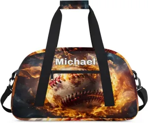 Personalized Baseball Bag Sports Duffel Bag, Custom Name Sport Fitness Duffle Gym Bag Travel Weekender Lightweight Swimming Training Bags, Baseball with Fire