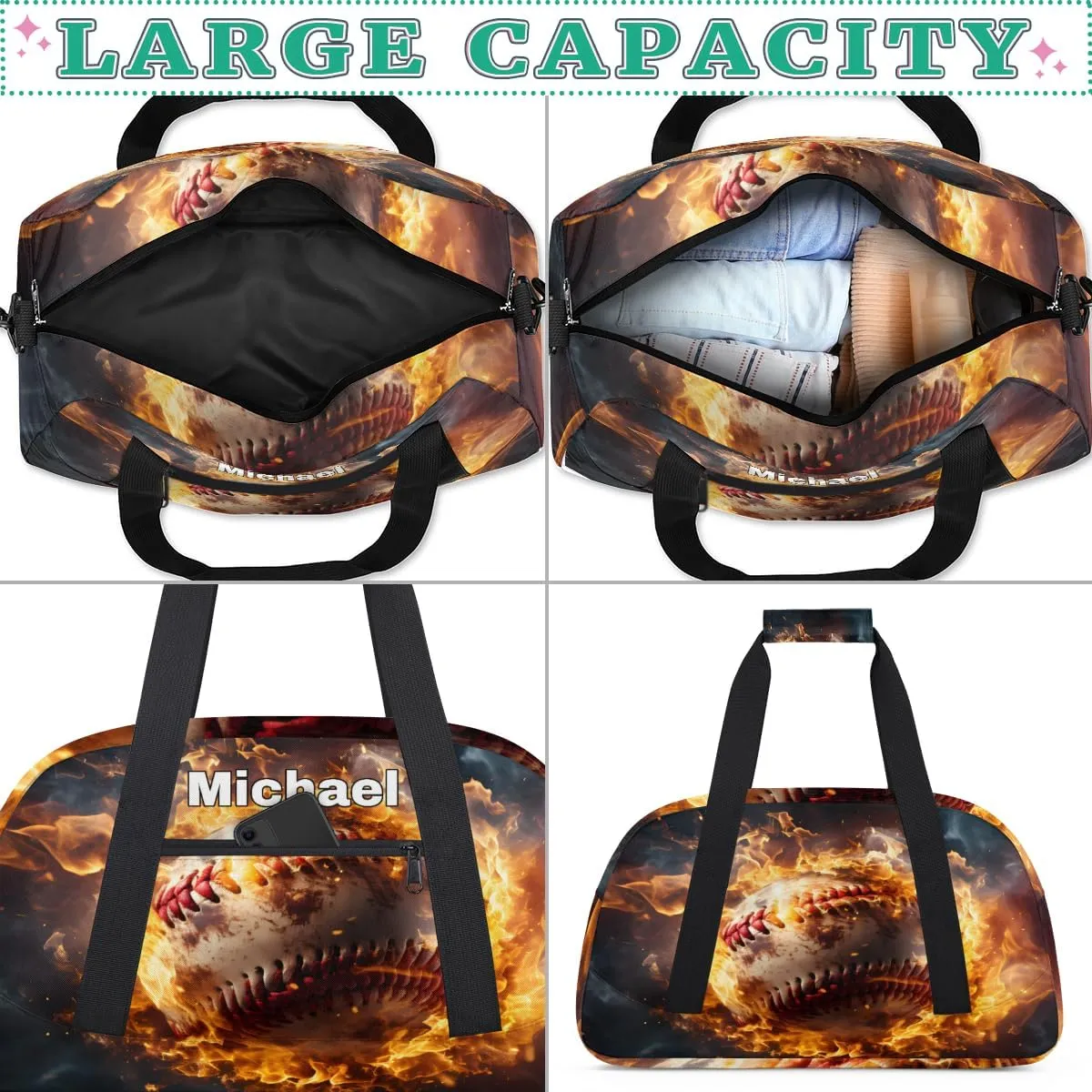 Personalized Baseball Bag Sports Duffel Bag, Custom Name Sport Fitness Duffle Gym Bag Travel Weekender Lightweight Swimming Training Bags, Baseball with Fire