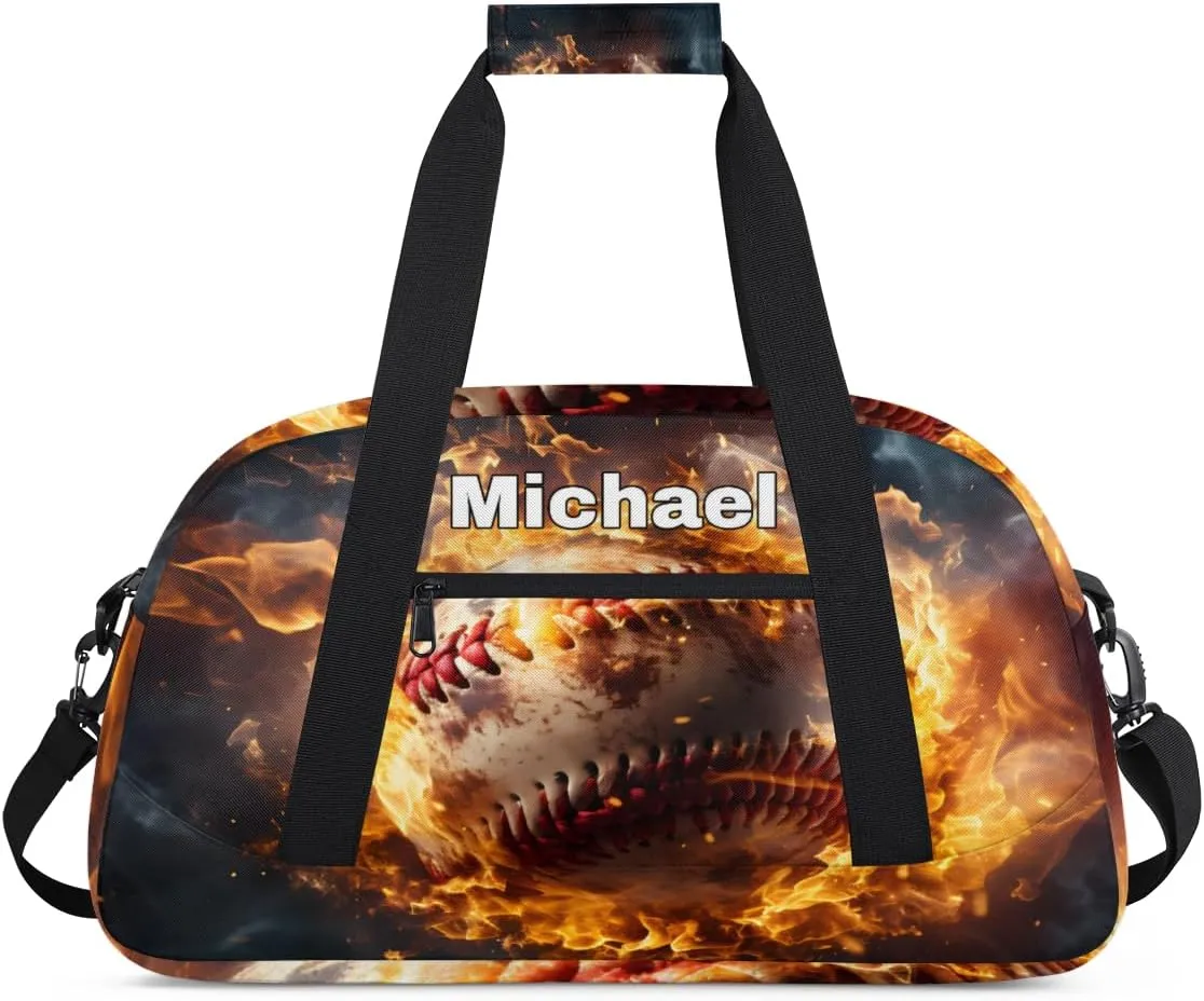 Personalized Baseball Bag Sports Duffel Bag, Custom Name Sport Fitness Duffle Gym Bag Travel Weekender Lightweight Swimming Training Bags, Baseball with Fire
