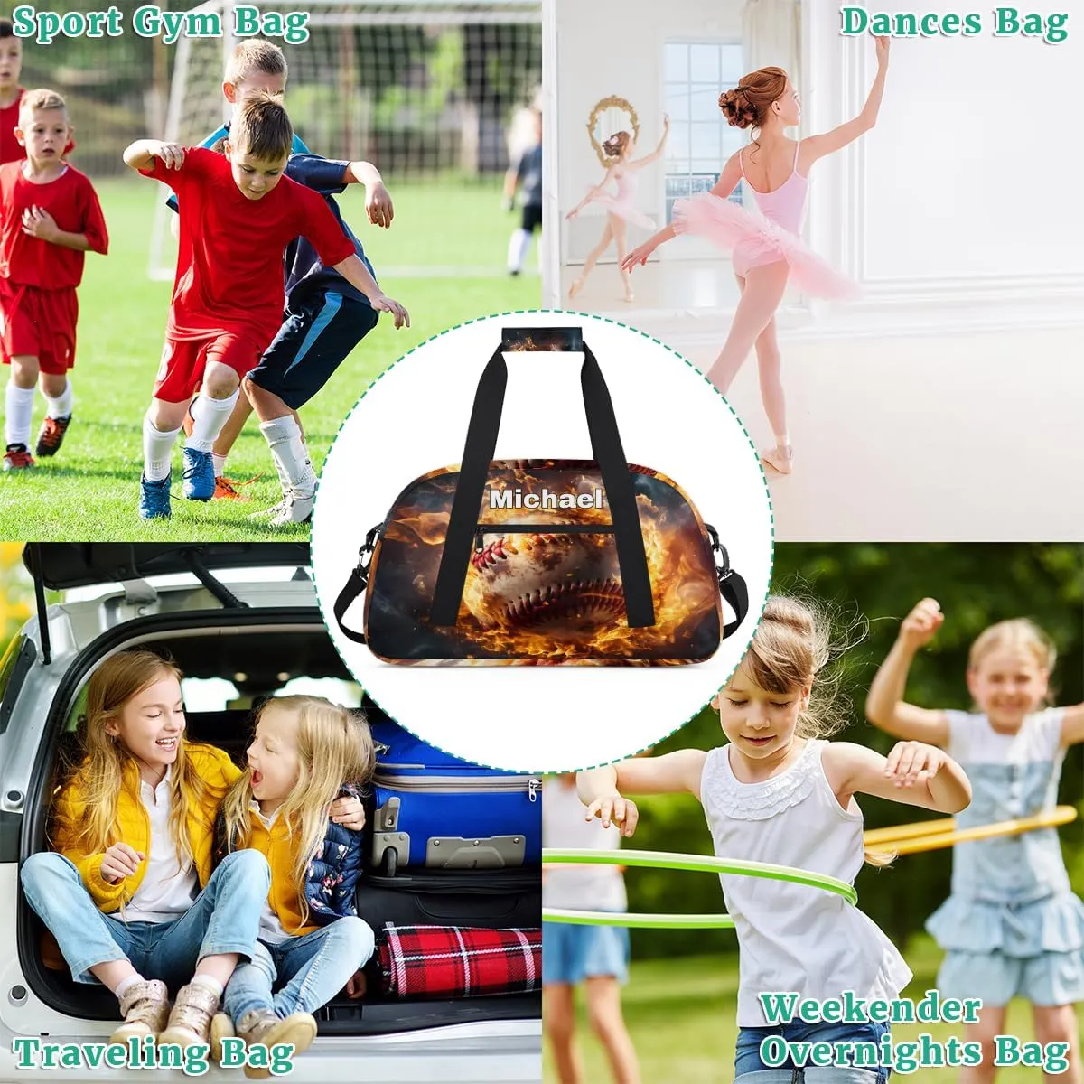 Personalized Baseball Bag Sports Duffel Bag, Custom Name Sport Fitness Duffle Gym Bag Travel Weekender Lightweight Swimming Training Bags, Baseball with Fire