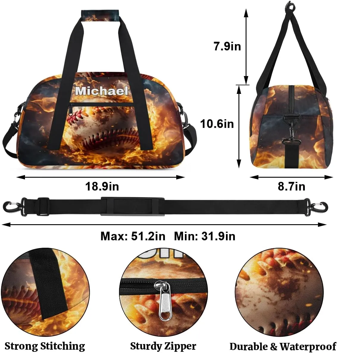 Personalized Baseball Bag Sports Duffel Bag, Custom Name Sport Fitness Duffle Gym Bag Travel Weekender Lightweight Swimming Training Bags, Baseball with Fire