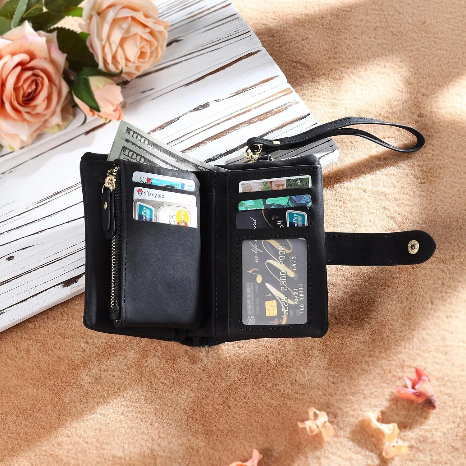 Personalized Birth Flower Wallet for Women Custom Wristlet Wallets with Name Small Leather Wallet Purse for Women Card Holder Wallet Gifts for Mom Grandma (Black)