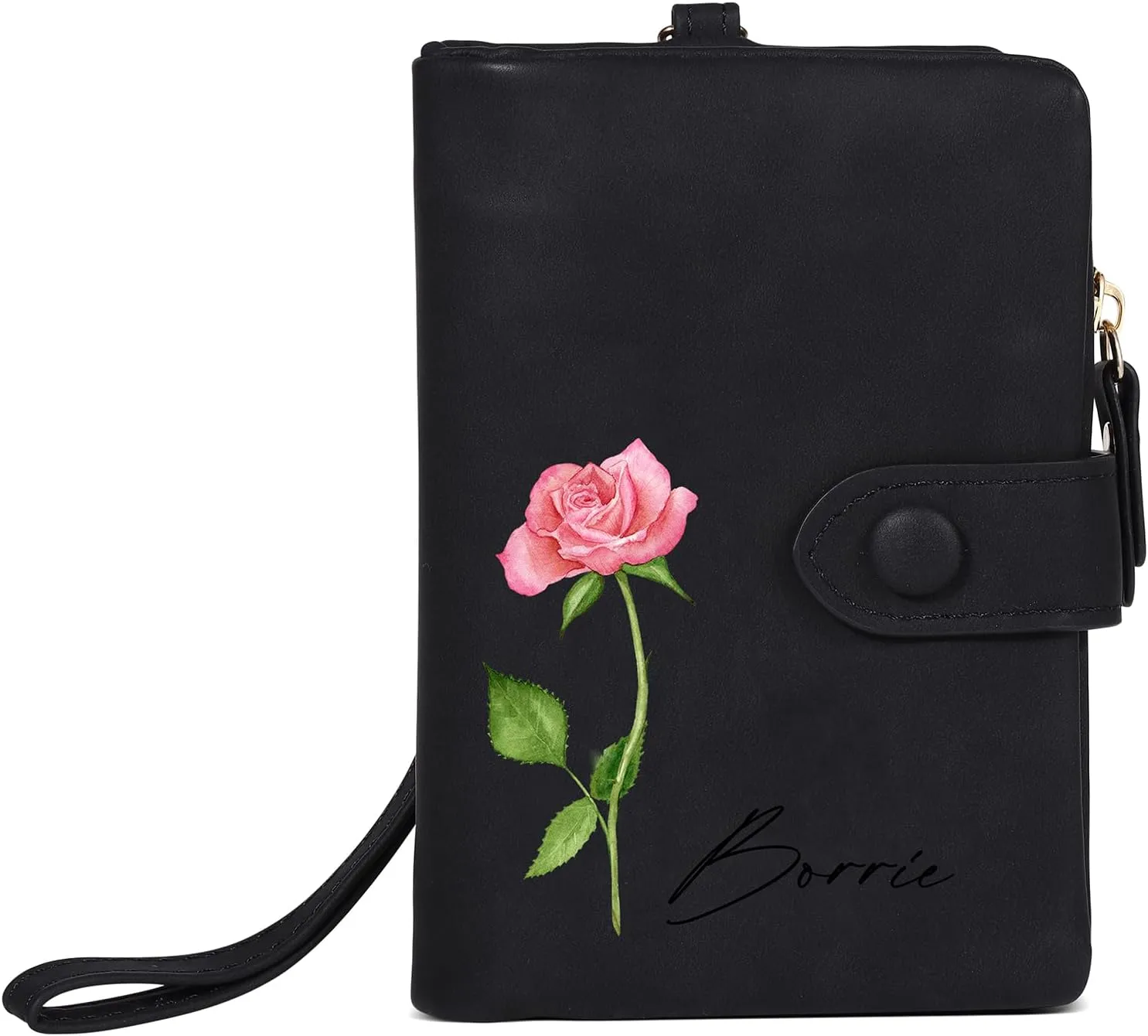 Personalized Birth Flower Wallet for Women Custom Wristlet Wallets with Name Small Leather Wallet Purse for Women Card Holder Wallet Gifts for Mom Grandma (Black)