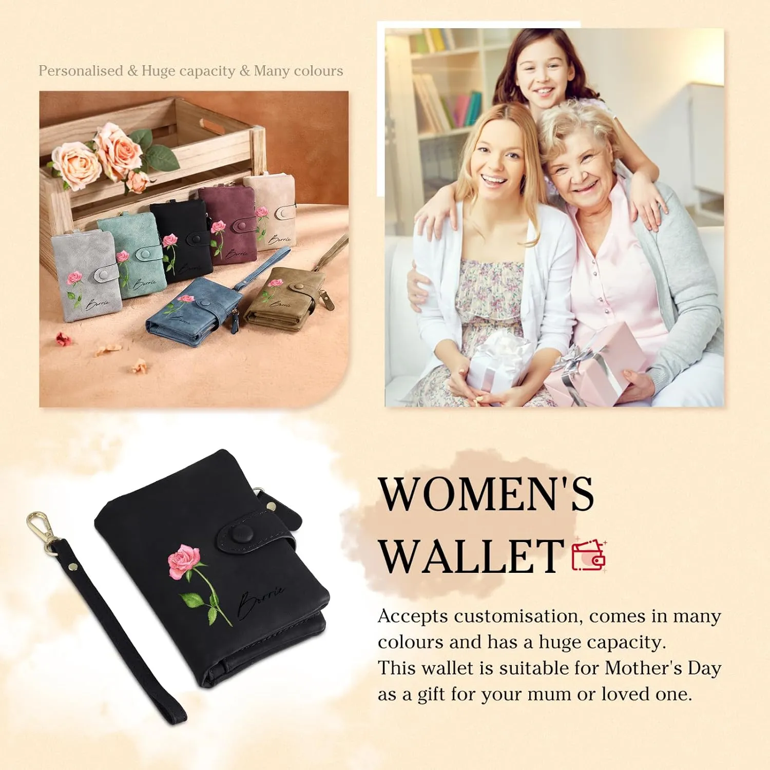Personalized Birth Flower Wallet for Women Custom Wristlet Wallets with Name Small Leather Wallet Purse for Women Card Holder Wallet Gifts for Mom Grandma (Black)